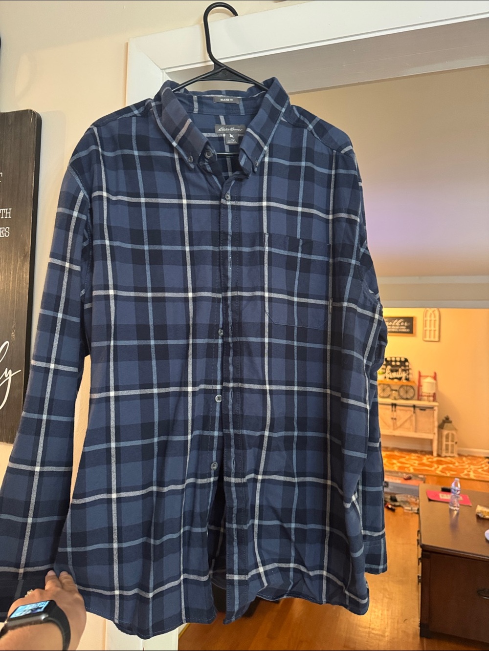 Eddie Bauer Navy and Light Blue Plaid Button-Down Shirt